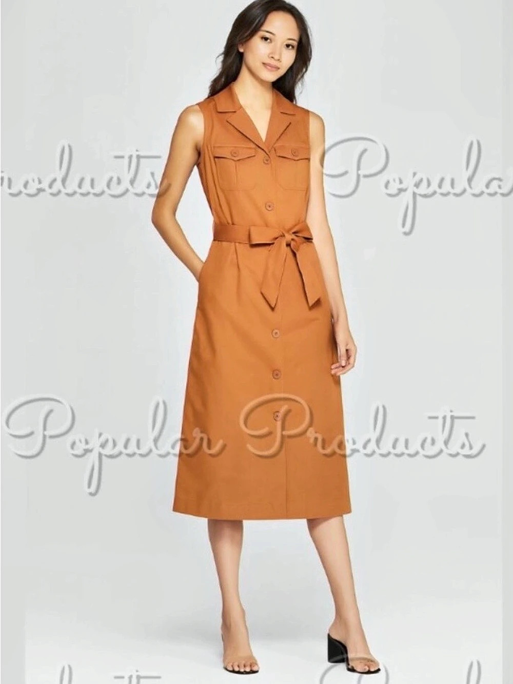 Who What Wear Sleeveless Utility Midi Rust Tie Dress/Duster, Large